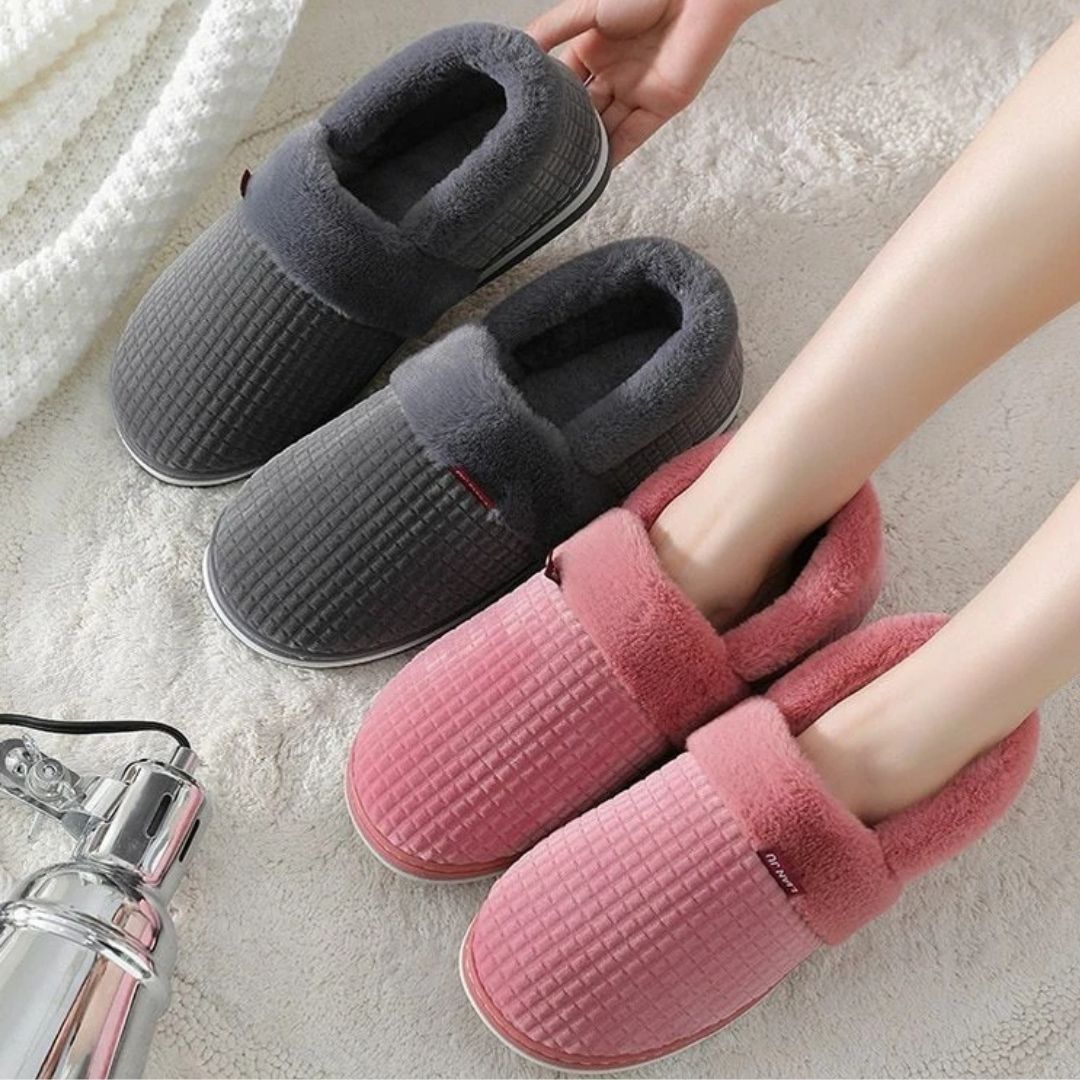 Lined house slippers with an anatomical footbed, in pink, caramel, gray and purple
