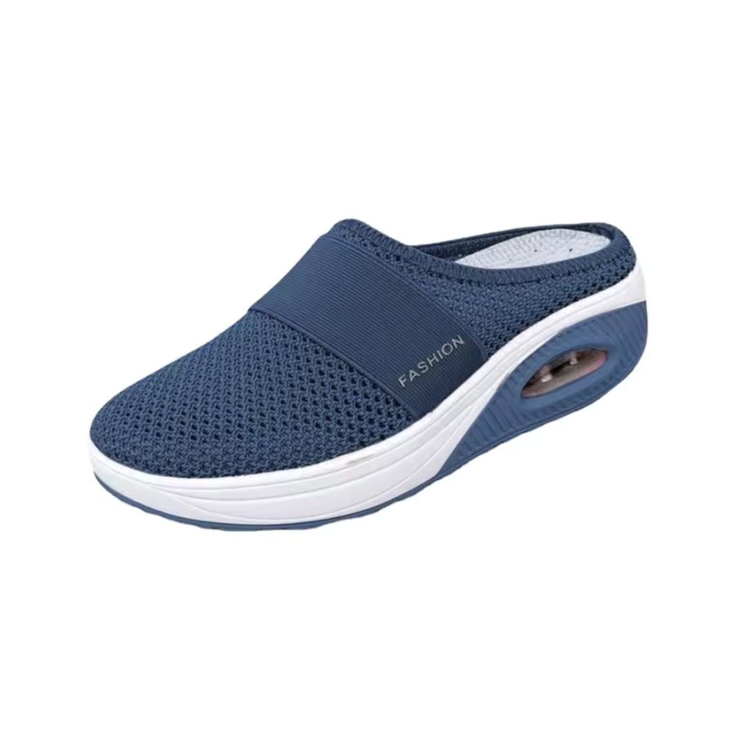 Orthopedic wedge slippers with a raised heel and open toe, in deep blue, gray, black and pink