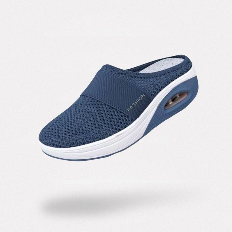 Orthopedic wedge slippers with a raised heel and open toe, in deep blue, gray, black and pink