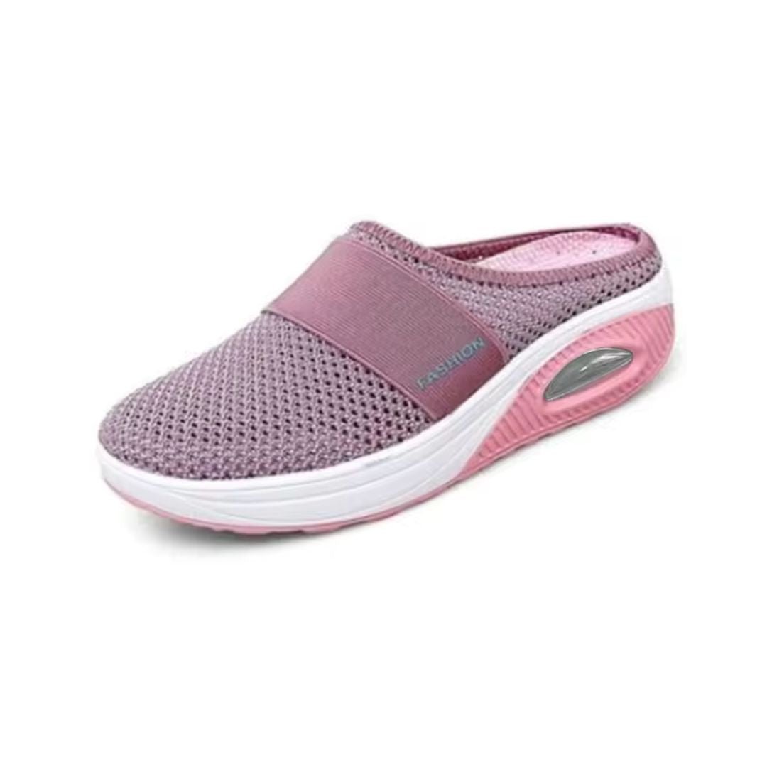 Orthopedic wedge slippers with a raised heel and open toe, in deep blue, gray, black and pink