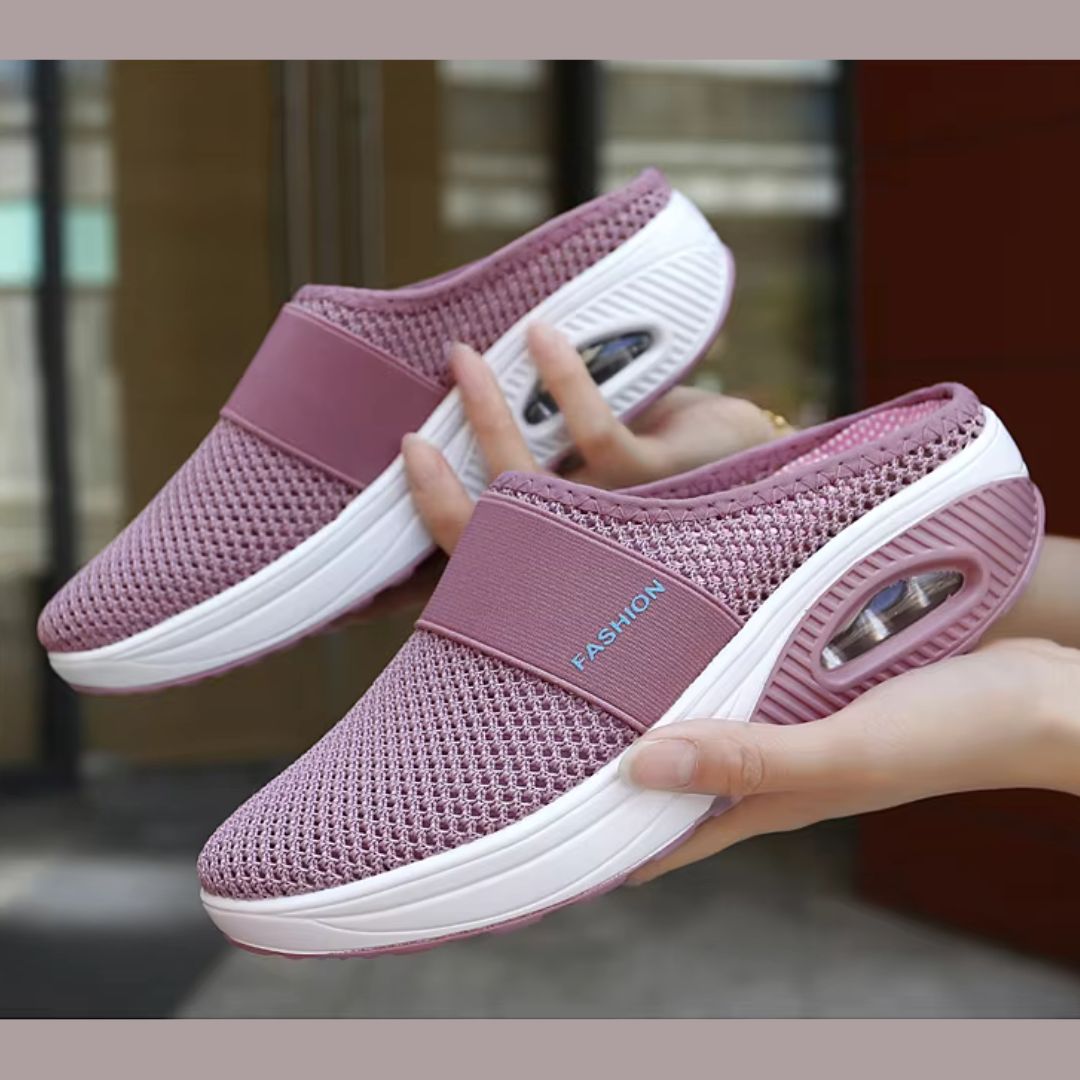 Orthopedic wedge slippers with a raised heel and open toe, in deep blue, gray, black and pink
