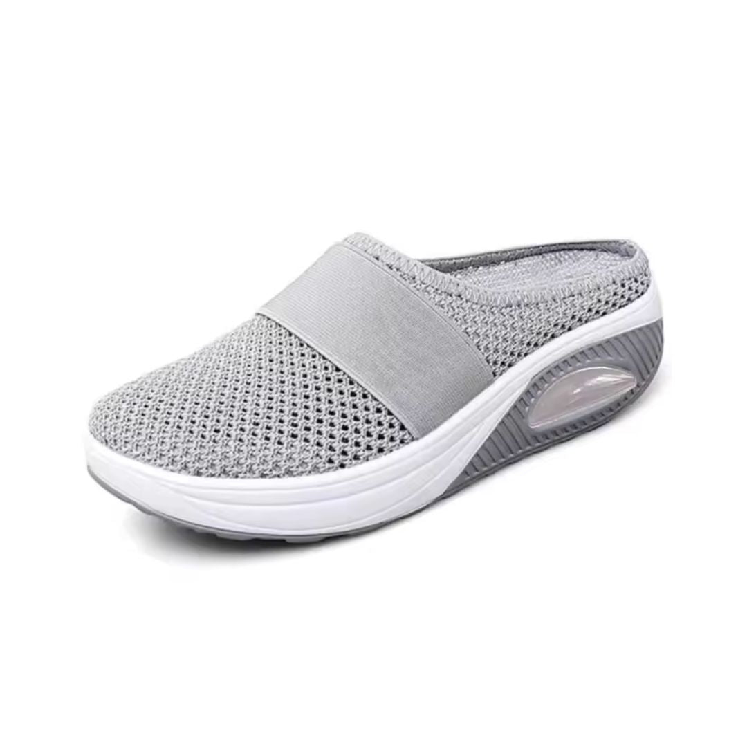 Orthopedic wedge slippers with a raised heel and open toe, in deep blue, gray, black and pink