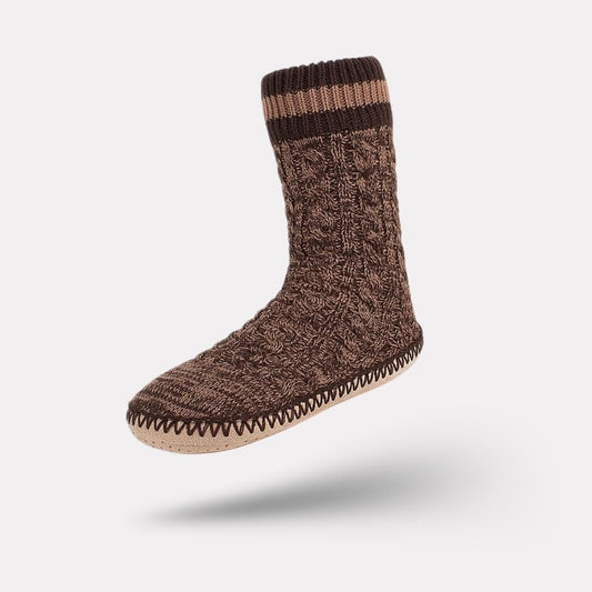 Fleece-lined sock slippers that pull on over the ankle, in caramel, gray and red