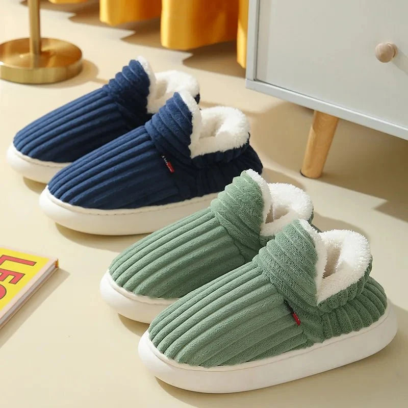 Winter slippers with a padded upper and a supportive sole, in green, pink and blue