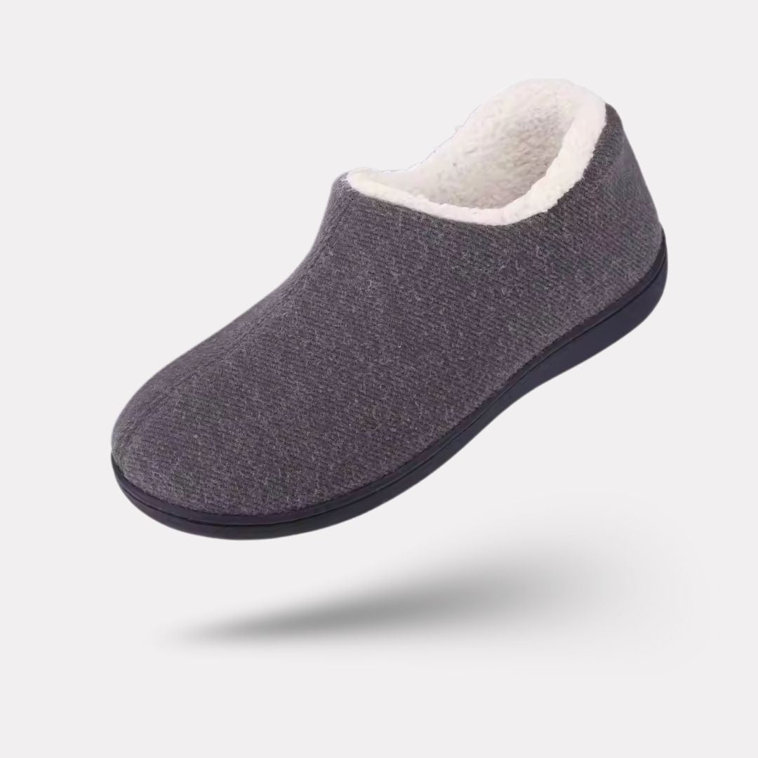 Women's lined orthopedic slippers with non-slip soles, in black, gray, burgundy and navy