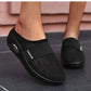 Orthopedic wedge slippers with a raised heel and open toe, in deep blue, gray, black and pink