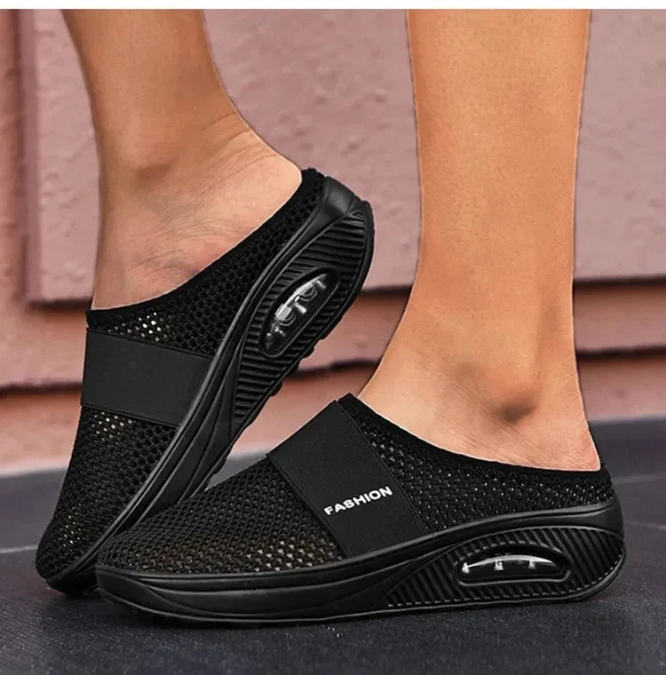 Orthopedic wedge slippers with a raised heel and open toe, in deep blue, gray, black and pink