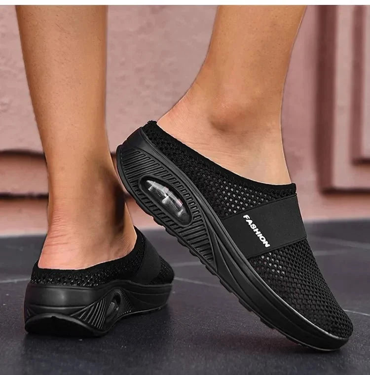 Orthopedic wedge slippers with a raised heel and open toe, in deep blue, gray, black and pink