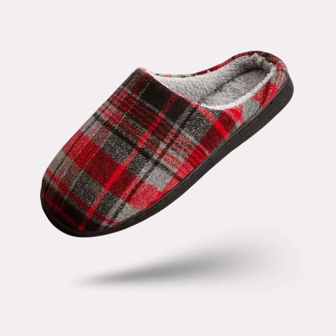 Fleece-lined orthopedic slippers with a non-slip sole, in gray, red and light gray