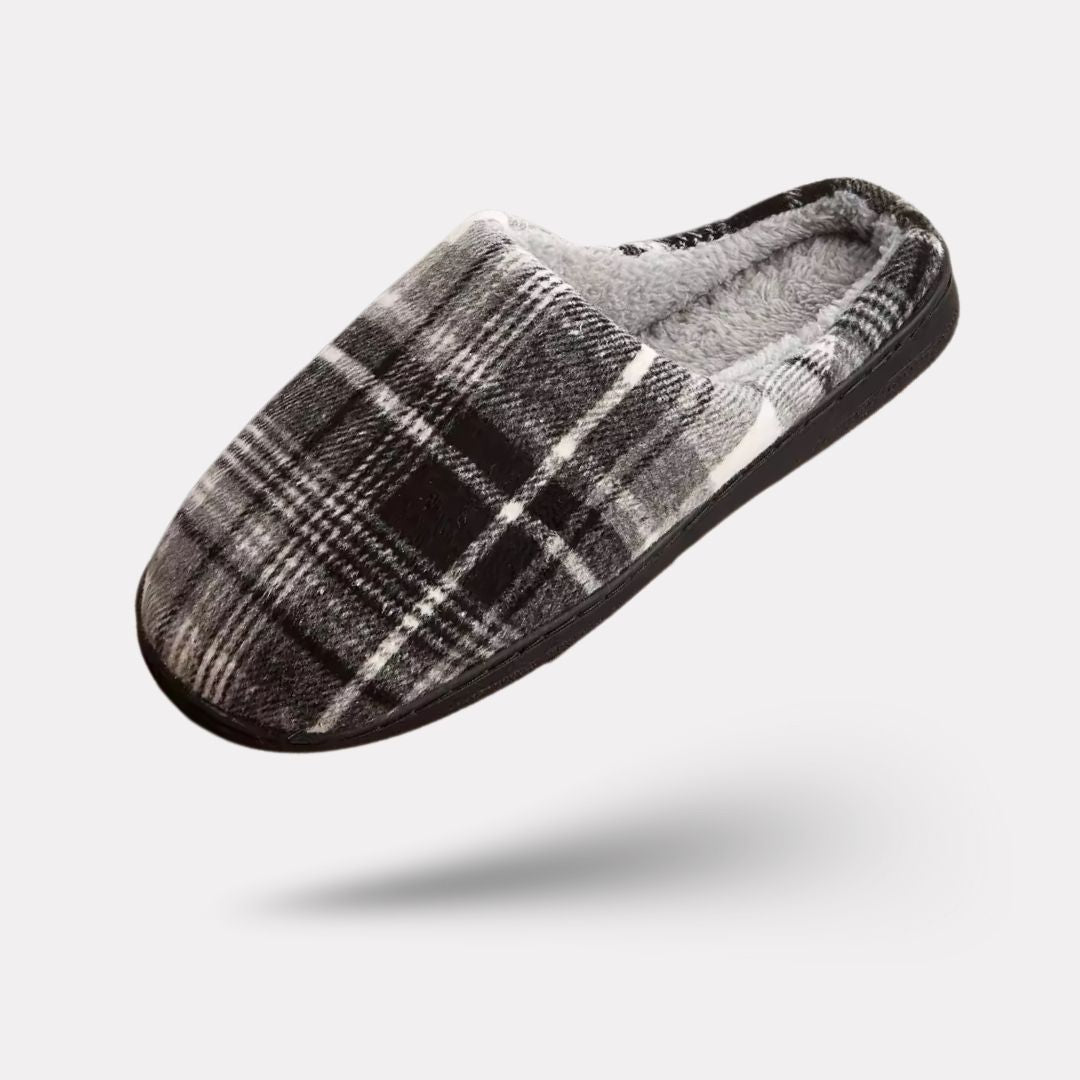 Fleece-lined orthopedic slippers with a non-slip sole, in gray, red and light gray