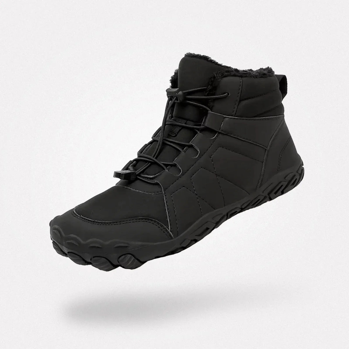Lined winter barefoot shoes with a thin flexible sole, in beige, green and black