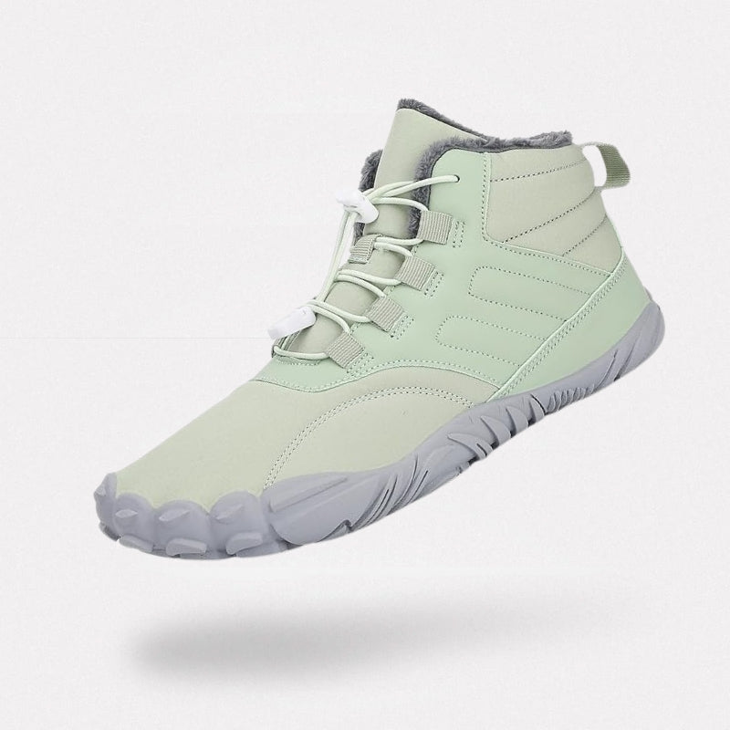 Lined winter barefoot shoes with a thin flexible sole, in beige, green and black