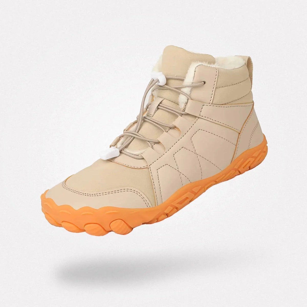 Lined winter barefoot shoes with a thin flexible sole, in beige, green and black
