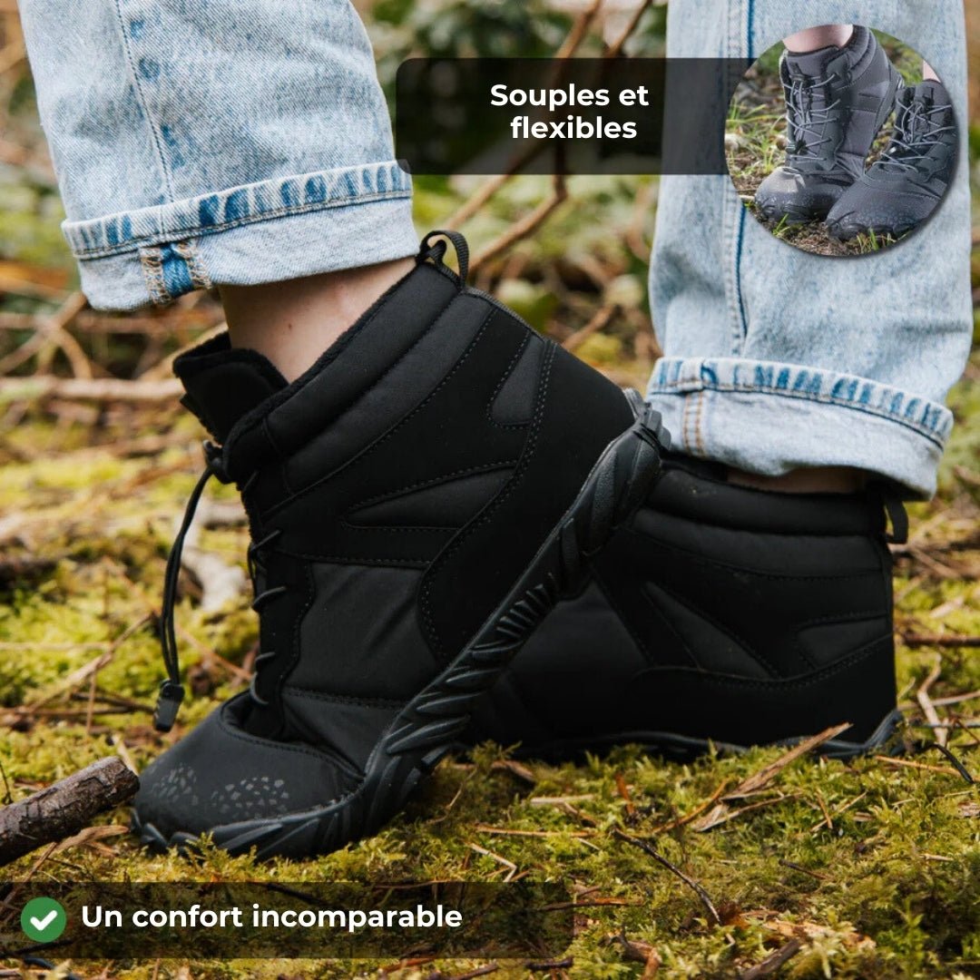 Lined winter barefoot shoes with a thin flexible sole, in beige, green and black