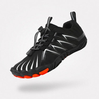 Barefoot sneakers with a thin flexible sole and wide toe box, in black, gray, green and red