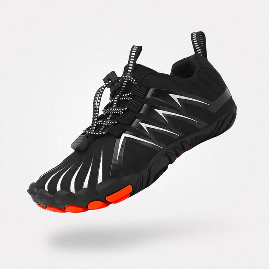 Barefoot sneakers with a thin flexible sole and wide toe box, in black, gray, green and red