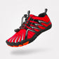 Barefoot sneakers with a thin flexible sole and wide toe box, in black, gray, green and red