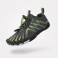Barefoot sneakers with a thin flexible sole and wide toe box, in black, gray, green and red