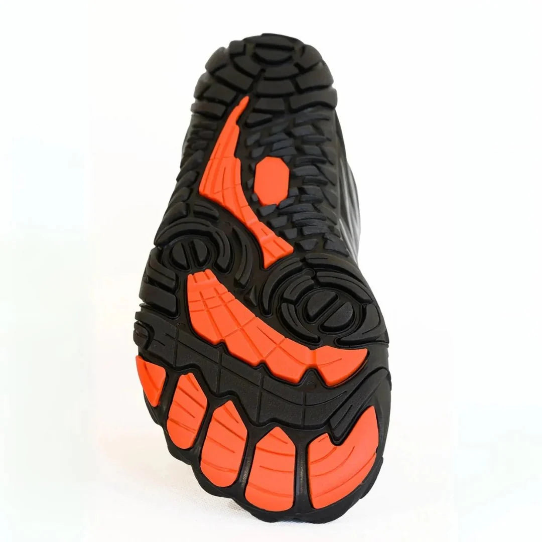 Barefoot sneakers with a thin flexible sole and wide toe box, in black, gray, green and red