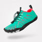 Barefoot sneakers with a thin flexible sole and wide toe box, in black, gray, green and red