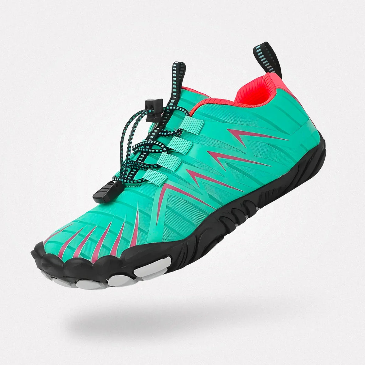 Barefoot sneakers with a thin flexible sole and wide toe box, in black, gray, green and red