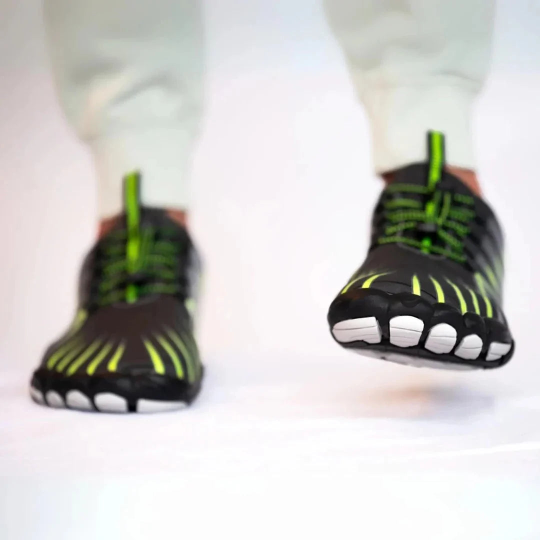 Barefoot shoes with a wide toe box that lets the toes spread, in black, gray, red and blue