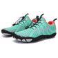 Barefoot shoes with a wide toe box that lets the toes spread, in black, gray, red and blue