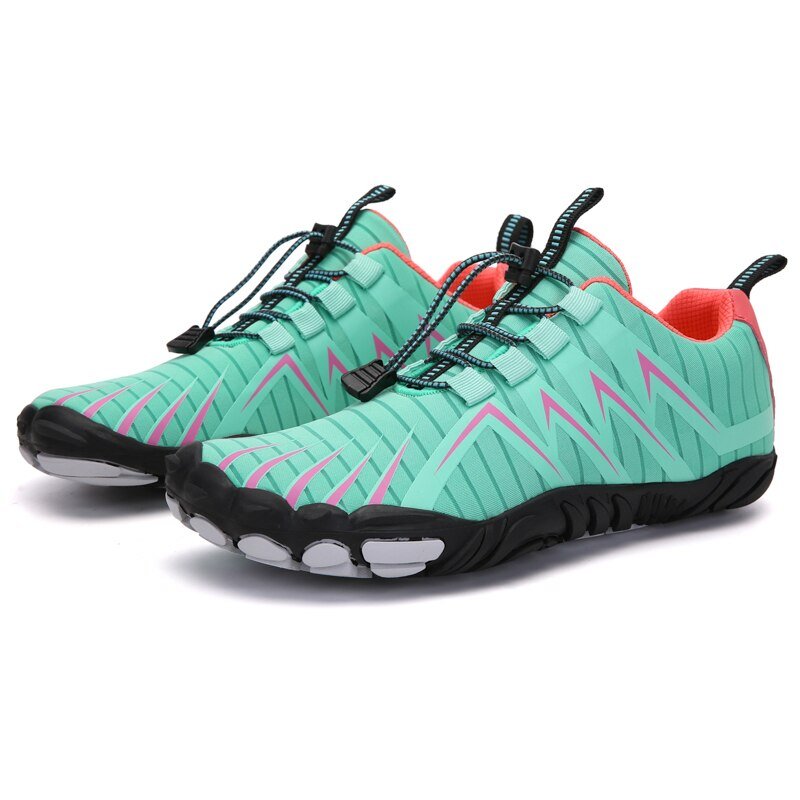 Barefoot shoes with a wide toe box that lets the toes spread, in black, gray, red and blue
