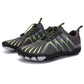 Barefoot shoes with a wide toe box that lets the toes spread, in black, gray, red and blue