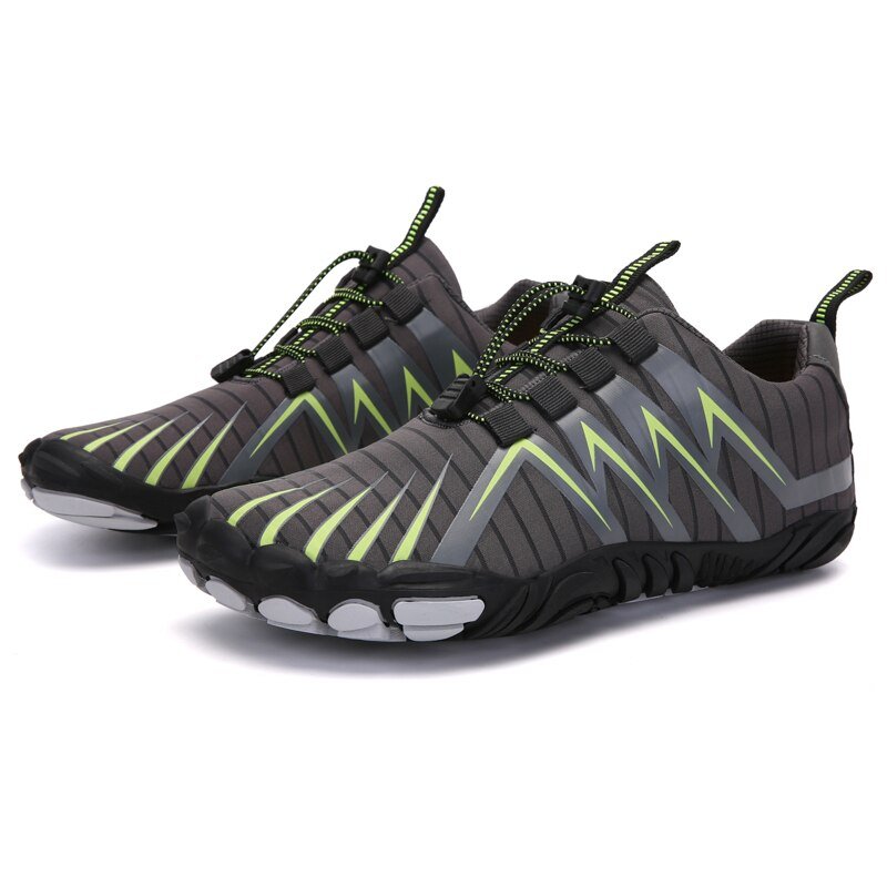 Barefoot shoes with a wide toe box that lets the toes spread, in black, gray, red and blue