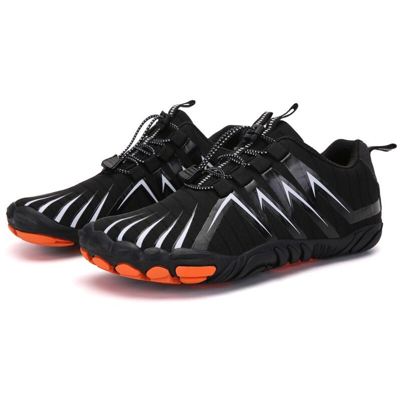 Barefoot shoes with a wide toe box that lets the toes spread, in black, gray, red and blue