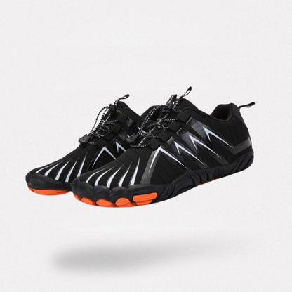 Barefoot shoes with a wide toe box that lets the toes spread, in black, gray, red and blue