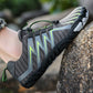 Barefoot shoes with a wide toe box that lets the toes spread, in black, gray, red and blue