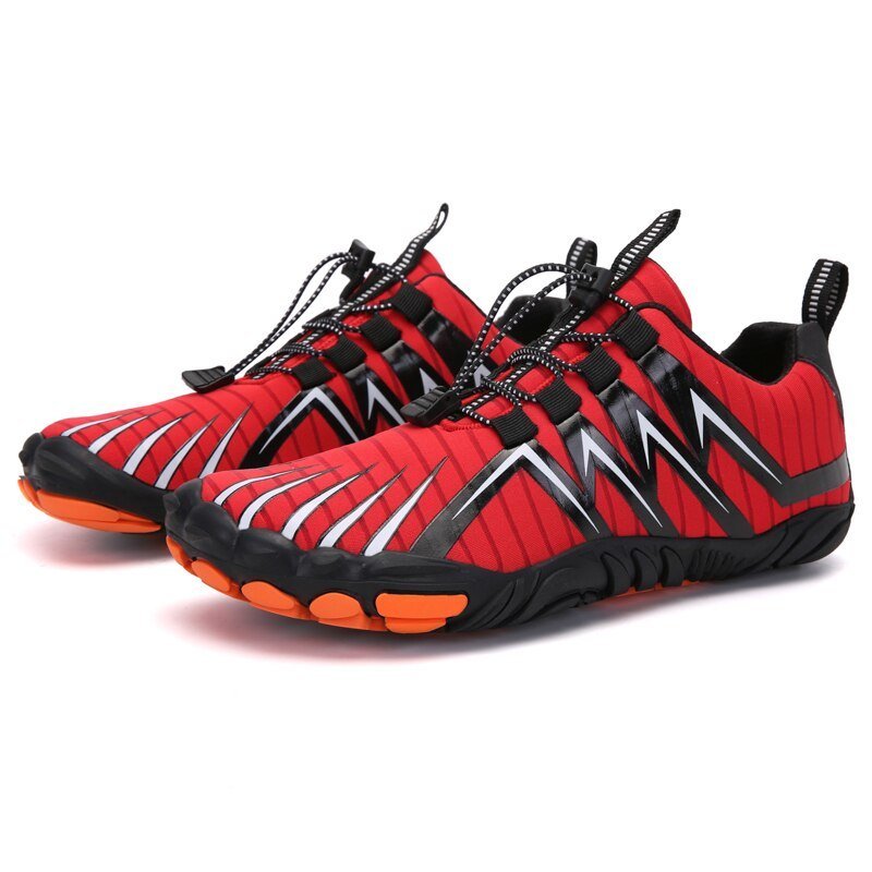 Barefoot shoes with a wide toe box that lets the toes spread, in black, gray, red and blue