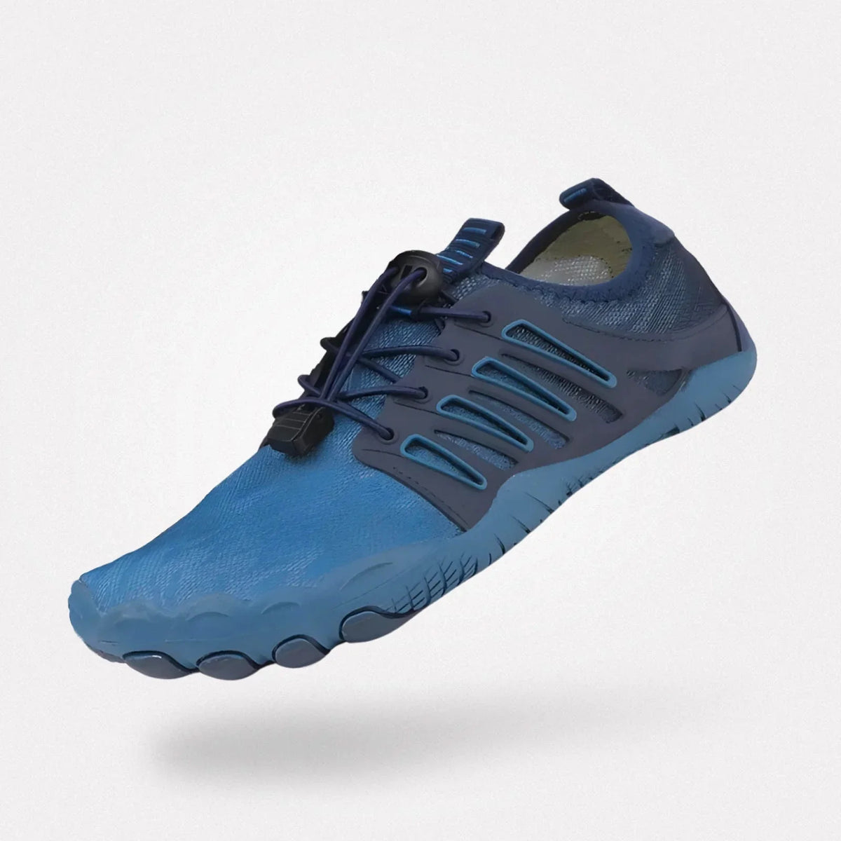 Barefoot performance shoes with a thin grippy sole and a foot-shaped toe box