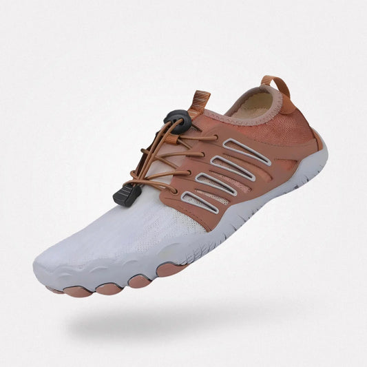 Barefoot performance shoes with a thin grippy sole and a foot-shaped toe box