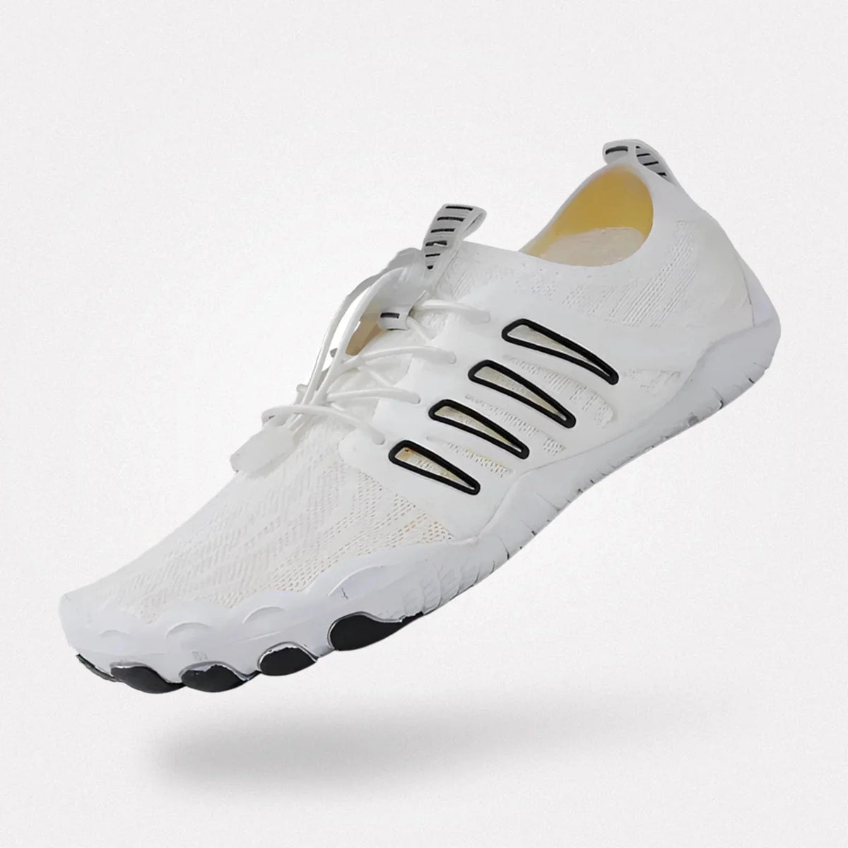 Barefoot performance shoes with a thin grippy sole and a foot-shaped toe box