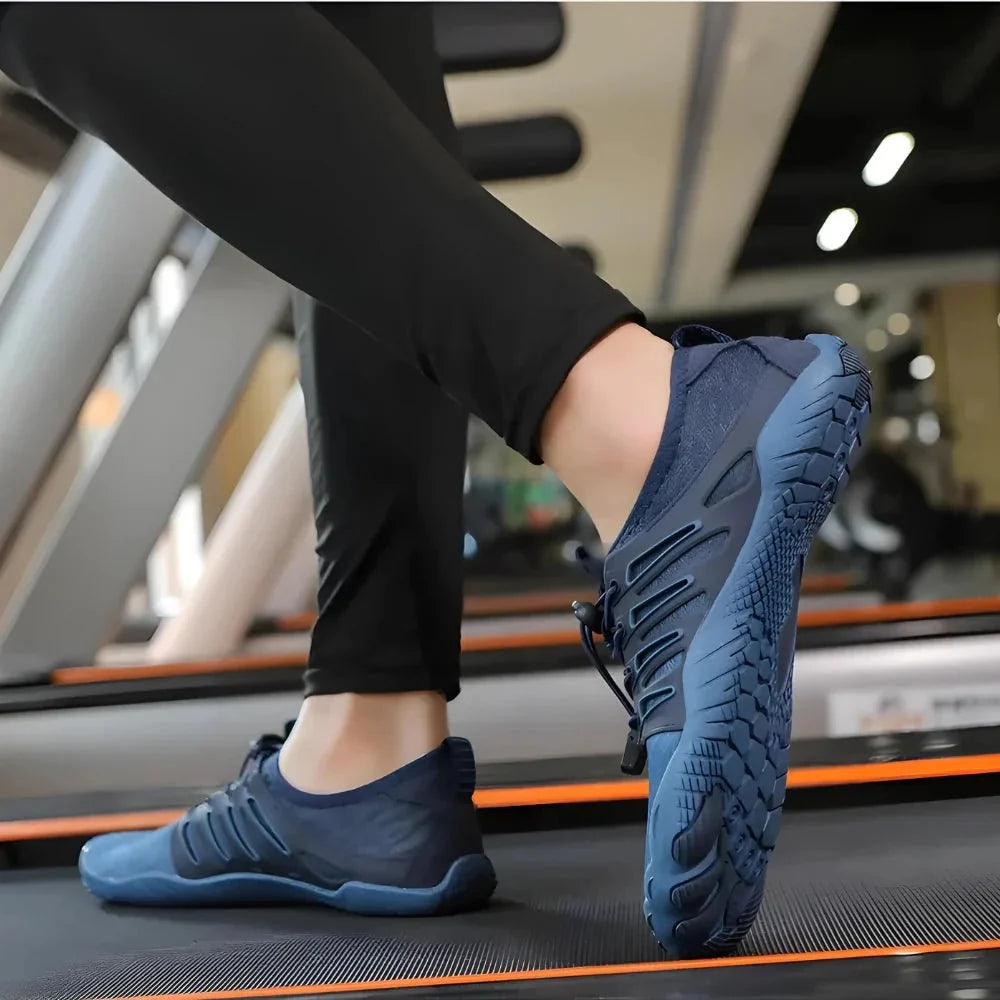 Barefoot performance shoes with a thin grippy sole and a foot-shaped toe box