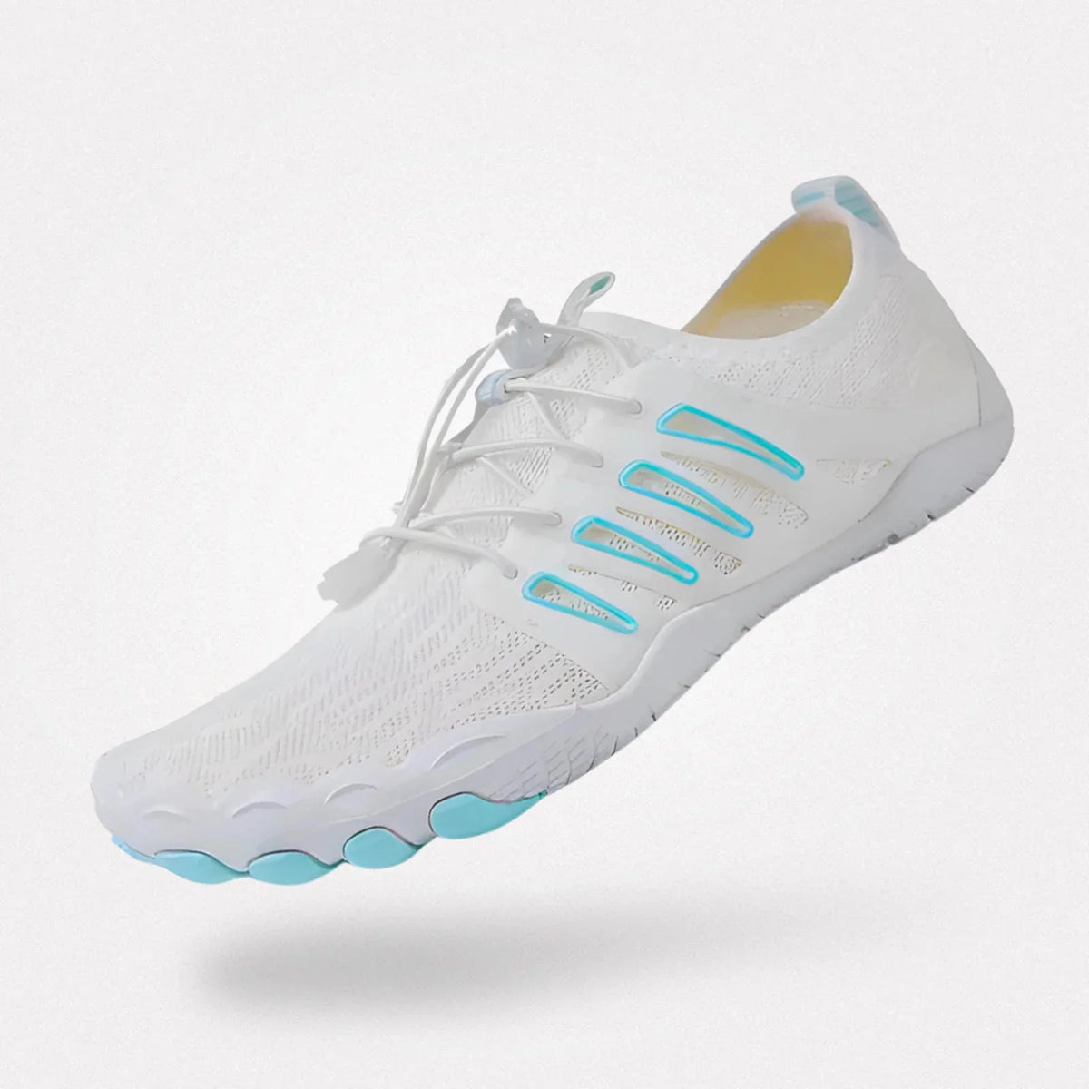 Barefoot performance shoes with a thin grippy sole and a foot-shaped toe box