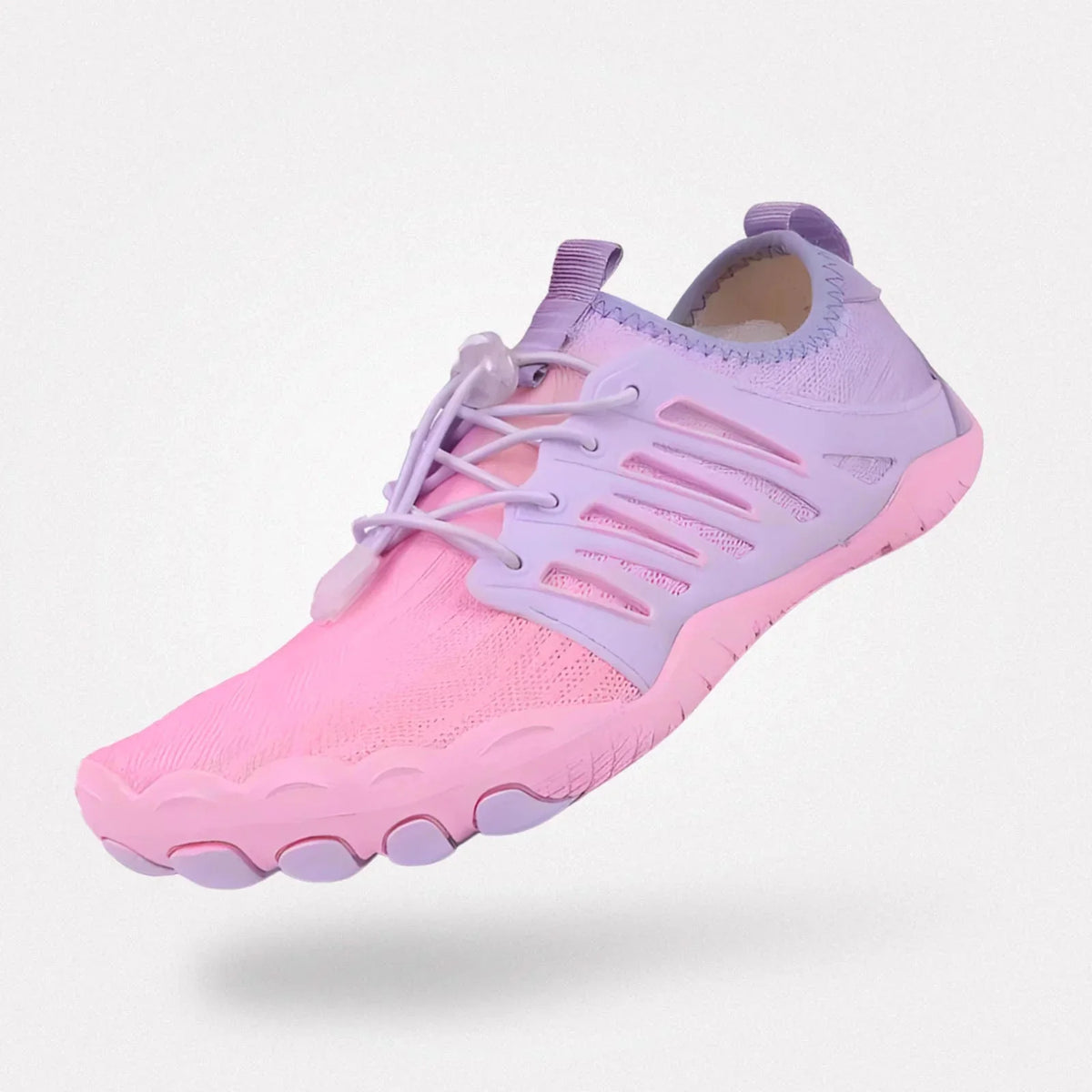 Barefoot performance shoes with a thin grippy sole and a foot-shaped toe box
