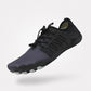 Barefoot performance shoes with a thin grippy sole and a foot-shaped toe box