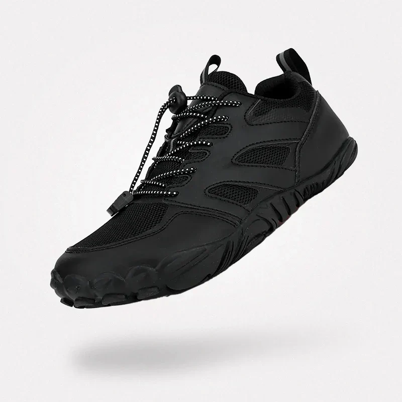 Barefoot hiking shoes with a thin flexible sole and wide toe box, in bronze, gray and black