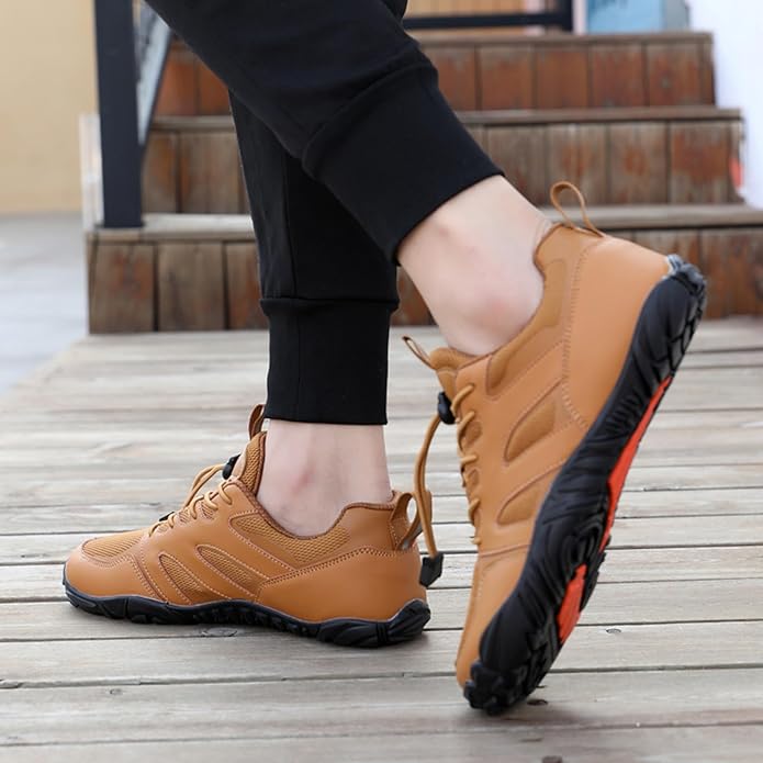 Barefoot hiking shoes with a thin flexible sole and wide toe box, in bronze, gray and black