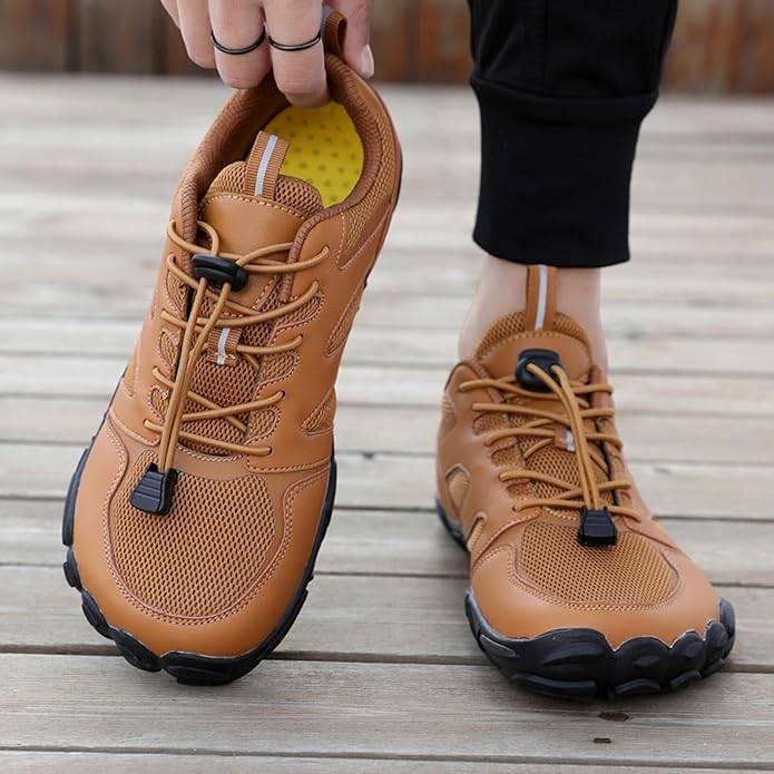 Barefoot hiking shoes with a thin flexible sole and wide toe box, in bronze, gray and black