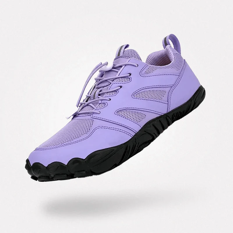 Barefoot hiking shoes with a thin flexible sole and wide toe box, in bronze, gray and black