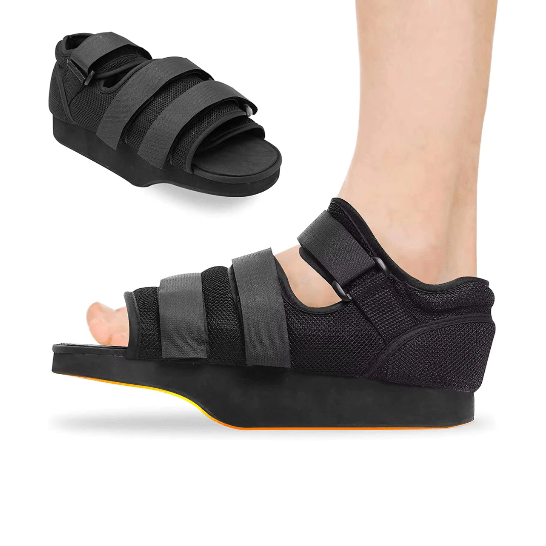 Post-op offloading shoe with adjustable straps and a rigid non-slip sole for a bandaged foot