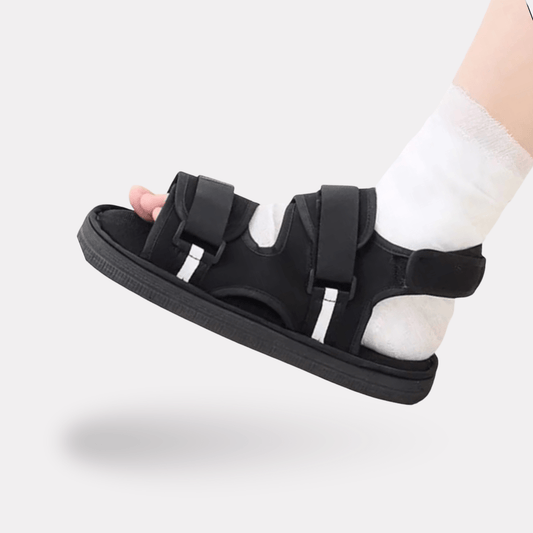 Post-op recovery shoe with an open adjustable upper that fits over a bandage or cast
