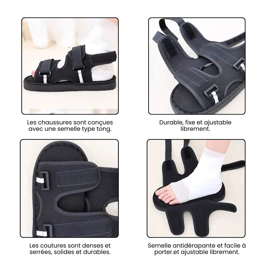 Post-op recovery shoe with an open adjustable upper that fits over a bandage or cast