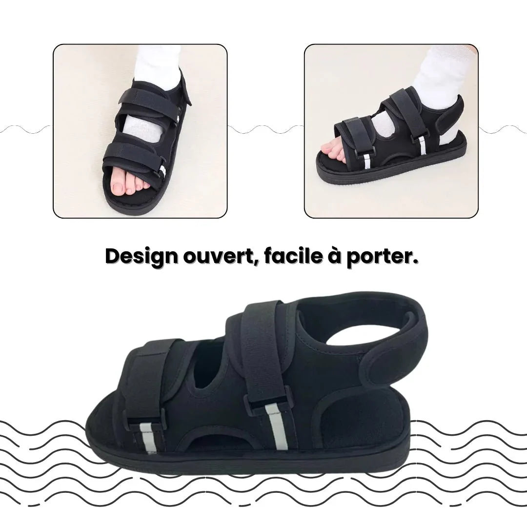 Post-op recovery shoe with an open adjustable upper that fits over a bandage or cast