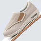 Wide slip-on shoes for diabetic feet with stretch knit uppers, in beige, dark blue and gray melange